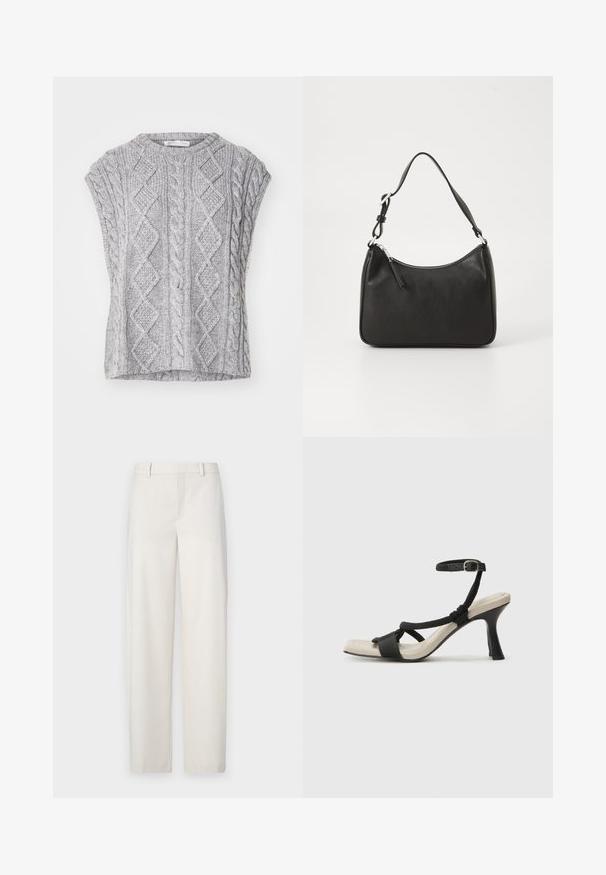 Grau gestrickter Pullover mit einem strukturierten Zopfmuster, kurzen Ärmeln und rundem Halsausschnitt. Verfügt über eine lockere, boxy Form.; Helle beige Hose aus einem glatten Stoff, mit geradem Schnitt, flachem Frontteil, Gürtelschlaufen und Seitentaschen.; Schwarze Absatzsandale mit geflochtenem Riemendesign, quadratischer Spitze und verstellbarem Knöchelriemen. Helle beigefarbene Sohle mit glänzendem schwarzen Absatz.; Schwarze Lederhandtasche mit geschwungener Form, einem einzigen Tragegurt, Reißverschlussverschluss und dezentem Branding auf der Vorderseite. Glatte Textur, minimalistisches Design.