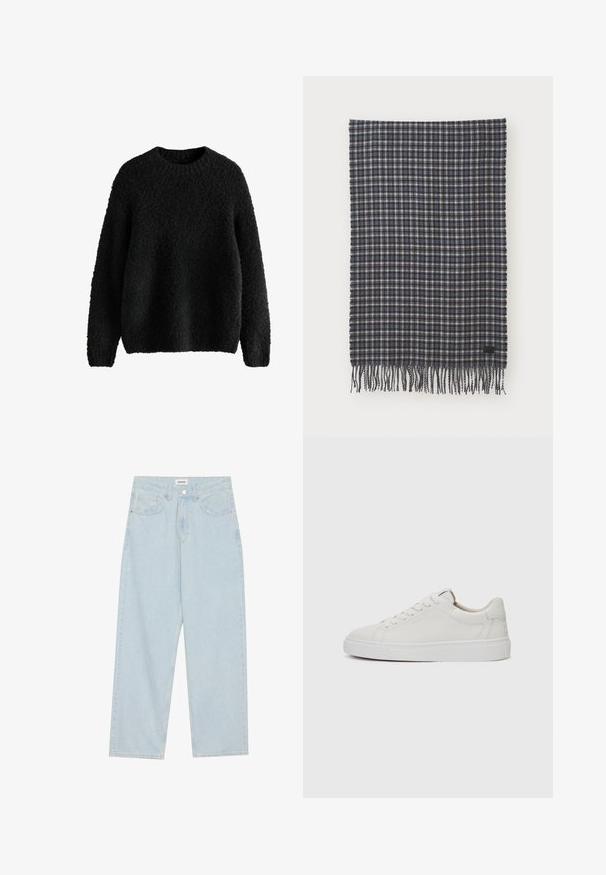 Crni pleteni pulover s teksturiranim, pahuljastim završetkom. Okrugli izrez, dugi rukavi i opušteni kroj. Jednostavan dizajn, bez vidljivih kopčanja.; Svijetloplave široke traperice s srednjim strukom, pet džepova i zatvaranjem na gumba s uskim metalnim detaljem.; Bijele kožne niske tenisice s okruglim vrhom, ravnim bijelim gumenim potplatom i minimalističkim detaljima šavova. Pertle osigurane kroz šest rupica.; Tkani šal od vune u tamno plavoj i kremasto kariranoj boji, s resicama na rubovima i malom crnom oznakom. Mekana tekstura s pravokutnim oblikom.