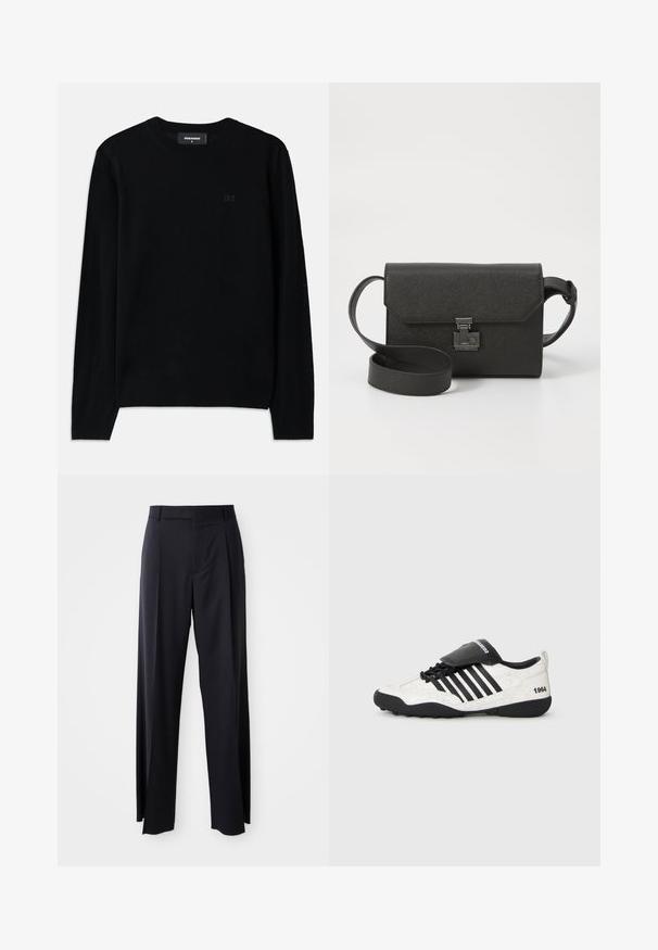 Sweater preto com gola redonda feito de um tecido suave. Apresenta mangas longas e um discreto detalhe do logótipo D2 na frente. Design simples e clássico.; Calças pretas de cintura alta, com corte amplo, feitas de um tecido suave. Apresentam pregas frontais e passadores para cinto. Design minimalista, sem hardware visível.; Sapatilha com uma textura branca craquelada, detalhes pretos, cinco listas horizontais e uma língua acolchoada preta rotulada "1984". Sola de borracha preta.; Bolsa crossbody de couro preto com acabamento texturizado, fecho de aba, ferragens metálicas e uma alça ajustável correspondente.