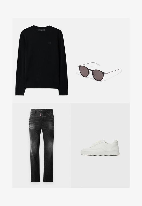 Suéter negro de cuello redondo hecho de tejido suave. Presenta mangas largas y un sutil detalle del logo D2 en la parte delantera. Diseño simple y clásico.; Jeans de mezclilla negra con un corte recto. Presentan áreas desgastadas, un ligero desgasto, diseño clásico de cinco bolsillos y cierre de botón.; Zapatilla de cuero blanca con un acabado suave, puntera redonda, cordones planos y suela texturizada. Cuenta con un sutil logo en el talón.; Gafas de sol redondas negras con lentes oscuros y brazos metálicos delgados. Incluye puntas de varilla transparentes y acentos plateados en la bisagra. Diseño minimalista.