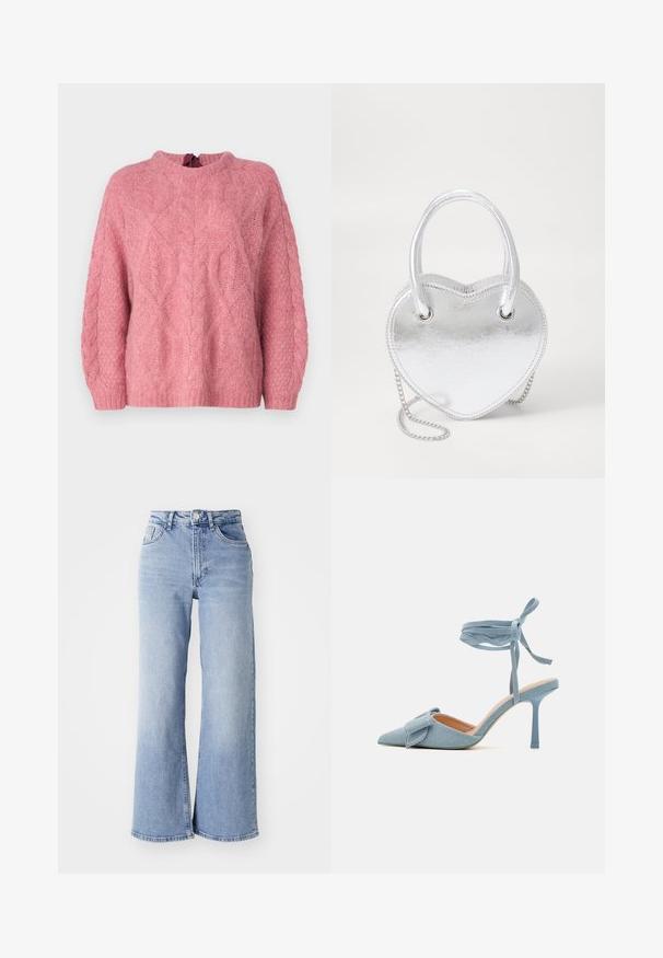 Object OBJSMILLA - Jumper - slate rose; Light blue high-waist wide-leg jeans with front and back pockets, button closure, and subtle fading on the thighs and hems.; Pointed-toe high heel shoe in light blue fabric with a textured finish, featuring a bow accent and ankle strap for secure fit.; Silver metallic heart-shaped handbag with dual handles, chain strap, and smooth texture. Features metal hardware and stitched edges.
