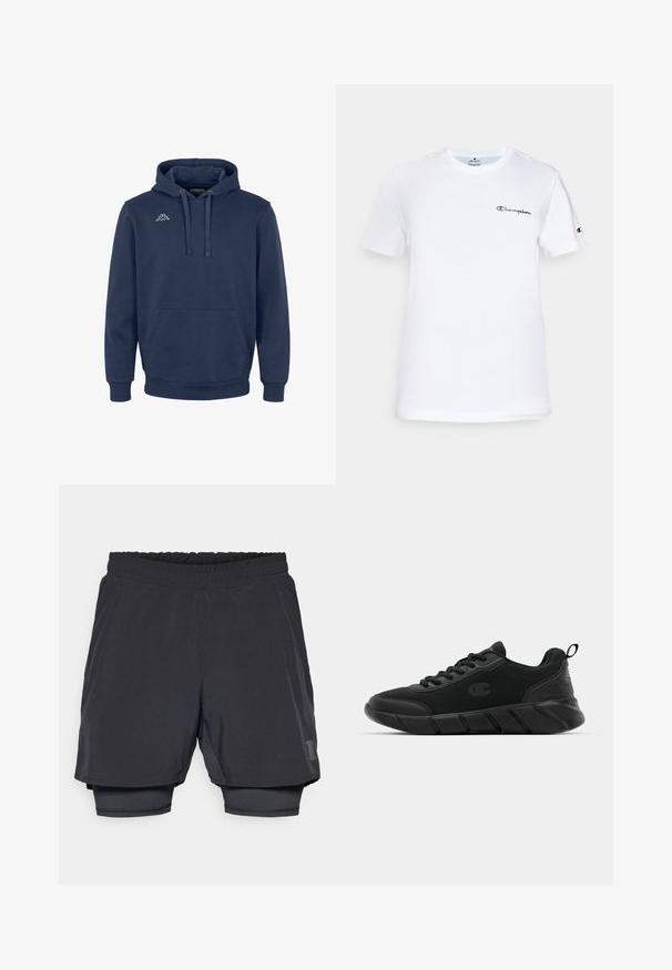 Navi plava dukserica od mekanog materijala, s prednjim dzepom, kapuljačom s vrpcom i bijelim logotipom na prsima. Standardni kroj.; Bijela pamučna majica s okruglim izrezom, kratkim rukavima i crnim izvezenim logotipom "Champion" na prsima i na rukavu.; Crne atletske kratke hlače s elastičnim pojasom, slojevitim dizajnom i uskim unutrašnjim podstavom. Sadrže diskretnu oznaku na donjoj strani.; Crne sportske tenisice s mrežastim gornjim dijelom, ojačanim prstom, teksturiranim međuslojem i stražnjim držačem za lakše obuvanje. Logo prikazan sa strane.