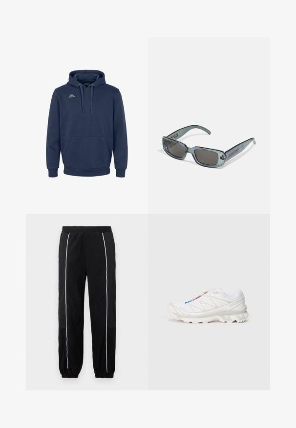 Tmavě modrá mikina vyrobená z měkkého materiálu, s přední kapsou, nastavitelnou kapucí a bílým logem na hrudi. Standardní střih.; Černé tepláky s bílými bočními pruhy, elastickým pasem a manžetami. Vyrobené z měkké, texturované tkaniny pro pohodlí a flexibilitu.; Bílé sportovní boty s texturovaným síťovaným svrškem, reflexními akcenty a polstrovanou podešví. Výrazné logo značky na boku.; Santa Cruz INFERNO UNISEX - Sluneční brýle - crystal black