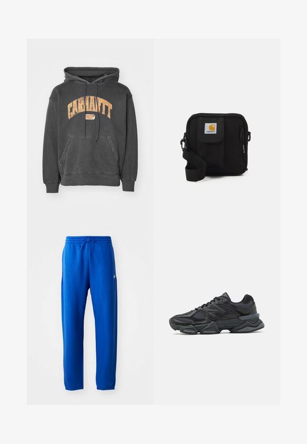 Mörkgrå hoodie med känguruficka, dragsko i huvan och en orange grafisk logotyp i vintage-stil på bröstet.; Blå joggingsbyxor i mjukt tyg, med elastisk midja med dragsko, avsmalnande ben och en liten logodetalj på sidan.; Svart löparsko med en kombination av mesh och syntetiska material, kraftig sula, rundad design och framträdande varumärkning på sidan.; Svart korsväska med ett blixtlåstaget huvudfack, framsida ficka, justerbar rem och en synlig logotyp på klaffen.