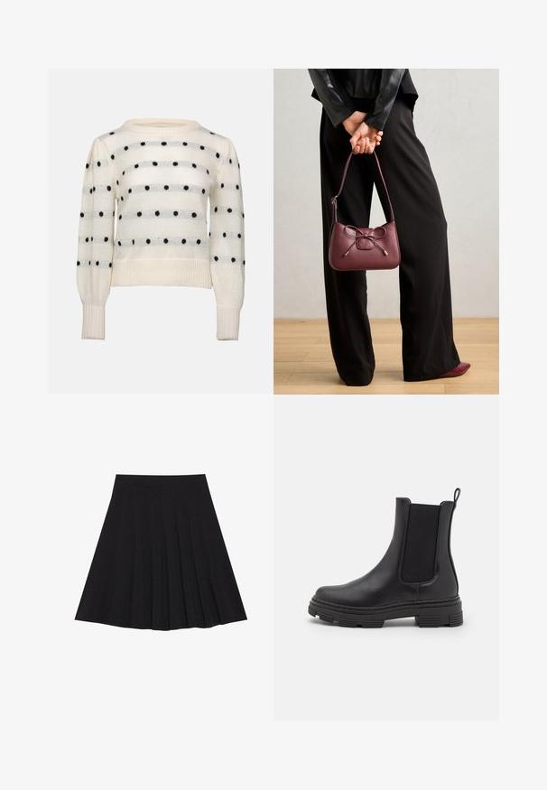 Valkoinen neulepaita, jossa on vaakasuorat raidat ja mustia pilkkuja. Pyöreä kaula-aukko, pitkät hihat, ribattu hihansuu ja helma. Pehmeä rakenne.; Musta taitettu hame, joka on valmistettu teksturoidusta kankaasta ja jossa on tiukka vyötärö. Laskeutuu polveen, ja siinä on suora ja siisti siluetti.; Mustat nahka-ankle bootsit, joissa on joustavat sivupaneelit, pyöristetyt varpaat ja teksturoitu kumipohja. Takana on silmukka helppoa pukemista varten.; Burgundy laukku nahkaa, jossa on nauhakiinnitys, ohut hihna ja kultasävyiset yksityiskohdat, jota henkilö pitää päällään mustissa housuissa.