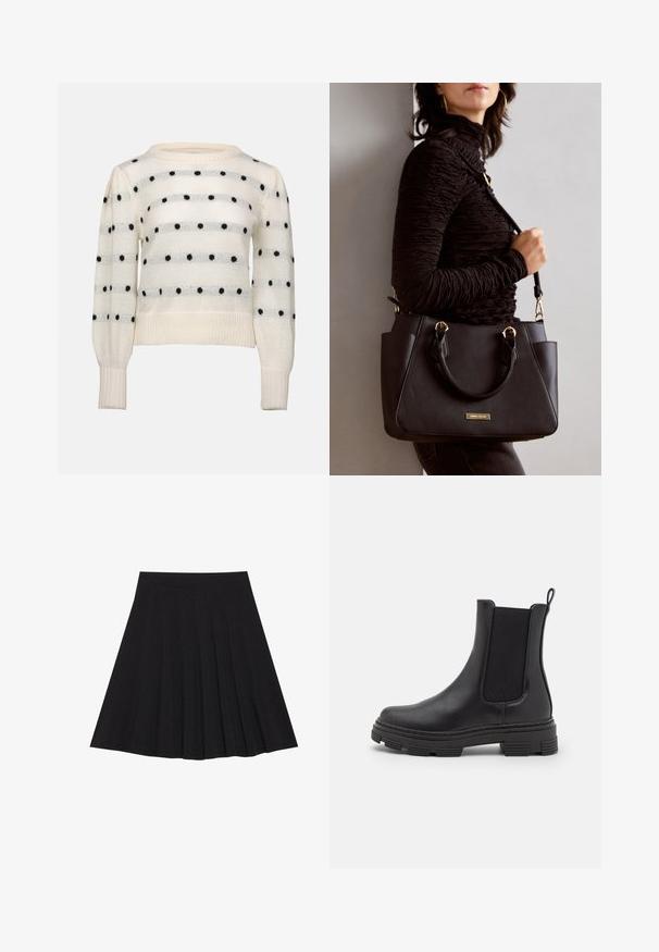 Witte gebreide trui met horizontale strepen en zwarte stippen. Ronde hals, lange mouwen, ribgebreide manchetten en zoom. Zachte textuur.; Zwarte plisseerok van een gestructureerde stof met een aansluitende tailleband. Valt tot op de knie en heeft een gladde, strakke silhouette.; Zwarte leren enkellaars met elastische zijpanelen, ronde neus en een gestructureerde rubberen zool. Voorzien van een lus aan de achterkant voor gemakkelijk aan- en uittrekken.; Zwarte handtas met gestructureerd oppervlak, dubbele bovenhandvatten en verstelbare schouderriem. Voorzien van goudkleurige hardware en zijzakken.