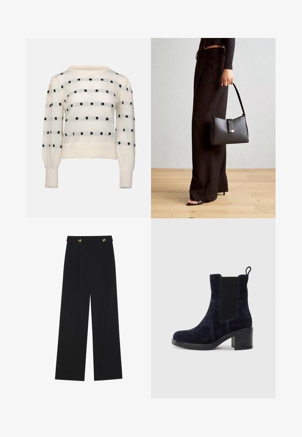 White knitted sweater featuring horizontal stripes and black polka dots. Round neck, long sleeves, ribbed cuffs and hem. Soft texture.; Black wide-leg trousers with high waist, button details on waistband, and front pleats.; Navy blue suede ankle boot with elastic side panel, rounded toe, and block heel. Textured fabric and smooth sole add contrast.; Black handbag with structured shape, smooth texture, and a metallic clasp. Paired with wide black pants and open-toe sandals on wooden floor.