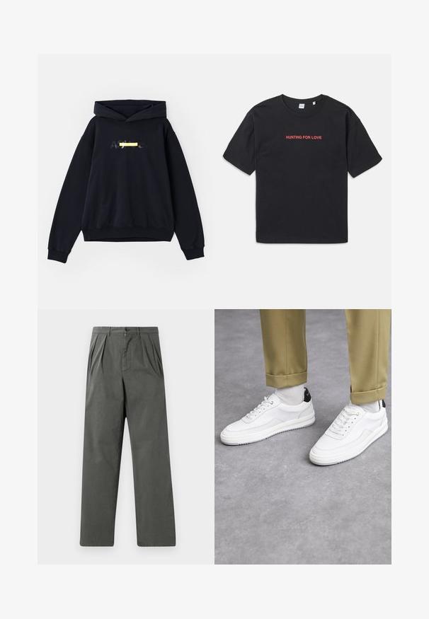 Granatowa bluza z kapturem wykonana z mieszanki bawełny. Posiada nadrukowane logo z żółtym akcentem. Luźny krój, ściągacze przy rękawach i u dołu.; Czarna bawełniana koszulka z krótkim rękawem, z haftowanym czerwonym napisem "HUNTING FOR LOVE" na klatce piersiowej. Prosty i luźny krój.; Lekkie, plisowane spodnie w ciemnoszarym kolorze z bawełny o prostym kroju nogawki. Posiadają zapięcie na guzik z przodu oraz szlufki na pasek.; Białe sneakersy z fakturowaną skórzaną wykończeniem, okrągłym noskiem i czarnym akcentem na pięcie. Gumowa podeszwa z małym wzorem bieżnika i przeszyciem.