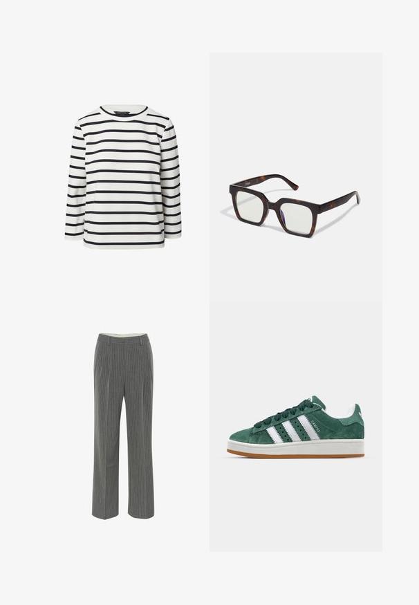 Long-sleeve top in white with horizontal black stripes, made of soft fabric. Features a crew neckline and relaxed fit. No visible fastenings.; Gray pinstriped trousers with a tailored fit, a flat front, and a wide leg design. Made of a smooth, lightweight fabric.; Green suede sneaker with white leather stripes, rubber sole, padded collar, and minimalistic design. Features branding on the side.; Square sunglasses with a tortoiseshell acetate frame and clear lenses. Features wide temples and a matte finish, enhancing overall durability.; Cream leather shoulder bag with a crescent shape, thin strap, and subtle stitching detail. Minimalist design with gold-tone hardware accents.