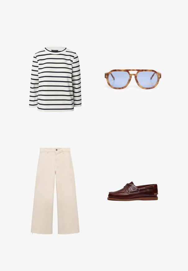 Maglietta a maniche lunghe di colore bianco con righe orizzontali nere, realizzata in tessuto morbido. Presenta un collo alla marinara e una vestibilità comoda. Senza chiusure visibili.; Pantaloni a gamba larga in cotone beige chiaro, con chiusura a bottone, orlo leggermente sfrangiato e design a vestibilità ampia.; Scarpa da barca in pelle marrone con punta rotonda, dettagli cuciti, suola color tan a contrasto e occhielli in metallo per i lacci. Design senza tempo.; Occhiali da sole tartaruga con lenti blu, design angolare, montatura spessa e intaglio sul ponte nasale; presenta un accento dorato sulla tempia.