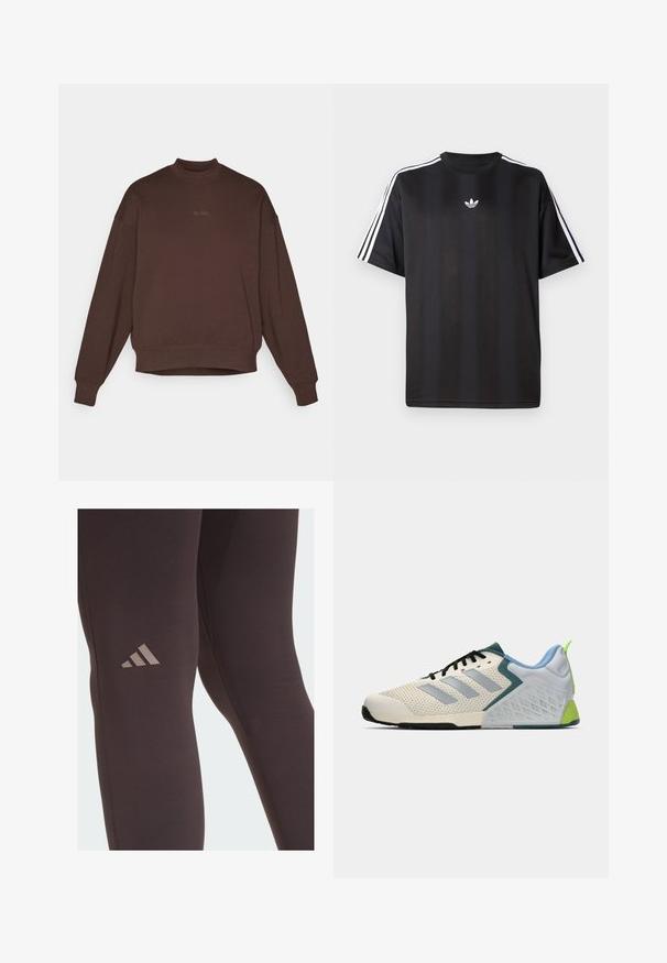Hanorac maro cu guler înalt, umeri lăsați și mâneci lungi. Prezentă un logo brodat subtil "BORG" în aceeași nuanță.; Tricou negru cu mânecă scurtă, cu detalii albe cu trei dungi pe umeri și un mic logo alb pe piept. Textură de țesătură netedă.; Leggings atletice negre cu o textură netedă, având un logo Adidas subtil maro pe coapsă și detalii de cusătură întărită.; Pantofi sport ușori, cu un superior din plasă crem, dungi gri, un accent verde și un contreplat dintr-un material texturat albastru. Șireturi negre.