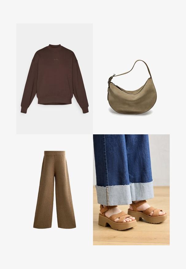 Felpa marrone con un alto collo, spalle scese e maniche lunghe. Presenta un sottile logo ricamato "BORG" nello stesso colore.; Pantaloni in maglia a gamba larga marroni con una vita a coste, tessuto testurizzato e cuciture laterali che si estendono fino all'orlo, offrendo una vestibilità rilassata.; Sandali platform in suede marrone con doppie cinghie, dotati di una suola testurizzata e un tacco spesso e sagomato. Indossati con pantaloni in denim.; Borsa hobo in suede marrone con forma curva, tracolla singola, chiusura con zip e superficie liscia. Design semplice con dettagli hardware minimi.
