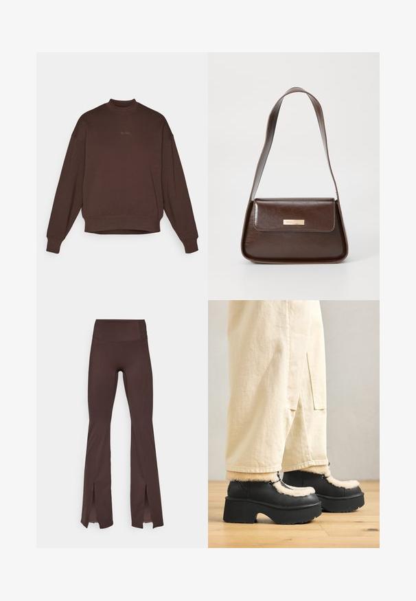 Sudadera marrón con un cuello alto, hombros caídos y mangas largas. Presenta un sutil logo bordado "BORG" en un color a juego.; Leggings marrones acampanados en tejido suave con una cinturilla alta y aberturas laterales en el dobladillo. Presenta costuras planas para un ajuste suave.; Botas de plataforma negras con punta redondeada, que cuentan con un cuello de crema esponjoso y detalles de cordones, combinadas con pantalones beige sueltos sobre un suelo de madera.; Bolso de hombro de cuero marrón con una forma estructurada, que presenta un cierre de solapa magnético y un acento de logo metálico en la parte frontal.