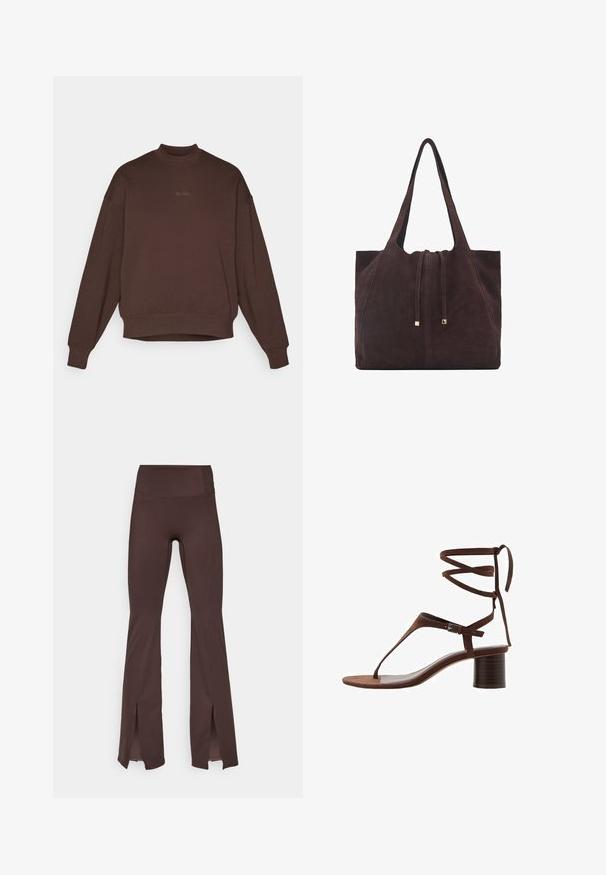 Hnedá mikina s vysokým golierom, spustenými ramenami a dlhými rukávmi. Obsahuje jemne vyšívané logo "BORG" v zodpovedajúcej farbe.; Hnedé rozšírené legíny z mäkkej tkaniny s vysokým pásom a bočnými rozparkami na leme. Obsahuje ploché švy pre hladké nosenie.; Hnedé semišové sandále na vysokom podpätku s trojuholníkovým popruhom na prst, viazaním okolo členku a štruktúrovaným blokovým podpätkom pre väčšiu stabilitu.; Mango Veľká kabelka - dark brown