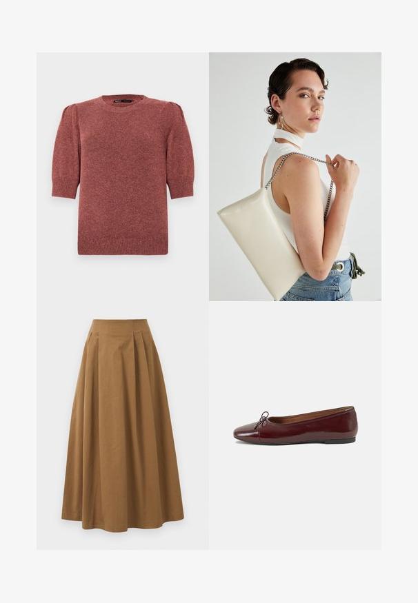 Krátky rukáv, pletený sveter v červeno-hnedej farbe. Má okrúhly výstrih a jemne nariasené ramená s rebrovaným detailom na leme a manžetách.; Hnedá bavlnená sukňa A-línie s vysokým pásom, so skladmi vpredu a hladkou textúrou. Hranice sú čisté a jednoduché.; Burgundské lakované balerínky s okrúhlou špičkou, malou mašľou na prednej strane a nízkou čiernou gumovou podrážkou. Hladký povrch.; Biely obdĺžnikový kabelka z lesklého materiálu s strieborným reťazovým popruhom. Model predvádza kabelku na jednotnom pozadí.