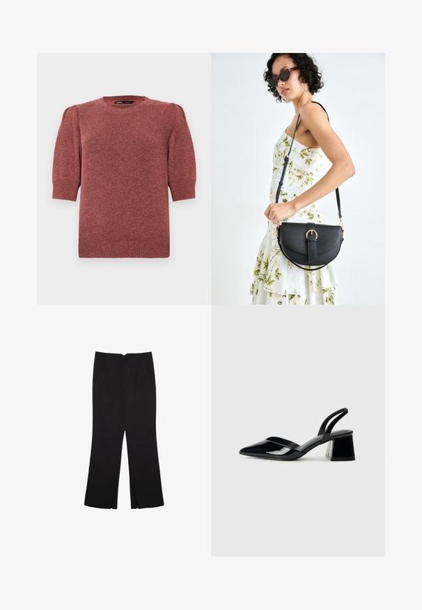 Pulover s kratkimi rokavi iz pletene tkanine v rdeče-rjavi barvi. Ima okroglo vratno izrez in rahlo napihnjene ramena, z žametanimi detajli na robu in manšetah.; Črne hlače ravnega kroja z naglavnimi žepi in stranskimi razporki na robu. Narejene iz mehke, gladke tkanine. Primerne za različne priložnosti.; Črne lakirane slingback pete s koničastim nosom in geometrijsko blokasto peto. Imajo eleganten, minimalističen dizajn in gladko teksturo.; Črna usnjena torbica s ukrivljeno obliko, z odstranljivo naramnico in zlatimi dodatki. Torbica ima pokrov s podrobnostmi v obliki zaponke.