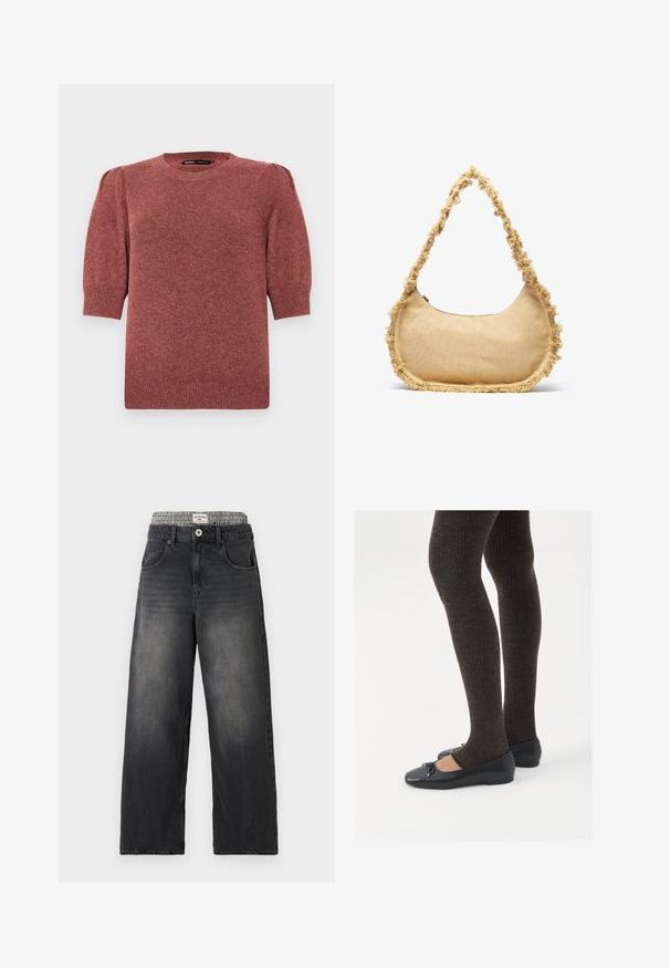 Kortærmet, strikket sweater i en rødbrun nuancere. Har en rund halslinje og subtile puffede skuldre med ribbede detaljer ved kanten og ærmerne.; Sorte denim bredbenede jeans med et houndstooth-mønster i taljen. Funktioner inkluderer sidelommer og en knaplukning. Slidt tekstur.; Sorte flade sko med en lille sløjfedetalje ved tåen, parret med mørkebrune ribbede strømpebukser. Skoene har en glat overflade og lav profil.; Struktureret beige taske med en rund form, frynset kant langs kanterne og en kort rem til at bære. Lynlåsåbning på toppen.