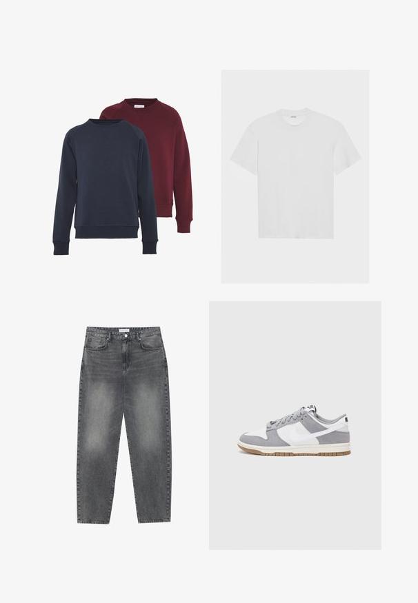 Dvě mikiny s kulatým výstřihem, jedna námořnická modrá a jedna burgundská, s ribbed manžetami a lemem, s jednou barvou a měkkou texturou.; Bílý bavlněný tričko s krátkými rukávy, kulatým výstřihem a volným střihem. Hladká textura a žádné viditelné vzory ani akcenty.; Kalhoty s vysokým pasem, volného střihu, vyrobené z vybledlého černého denimu. Mají pět kapes, poutka na opasek a čistý, rovný střih nohavic.; Šedé a bílé tenisky s svrškem z jemné kůže a kůže, kulatou špičkou, plochými tkaničkami a gumovou podrážkou s akcentem v barvě gumy.