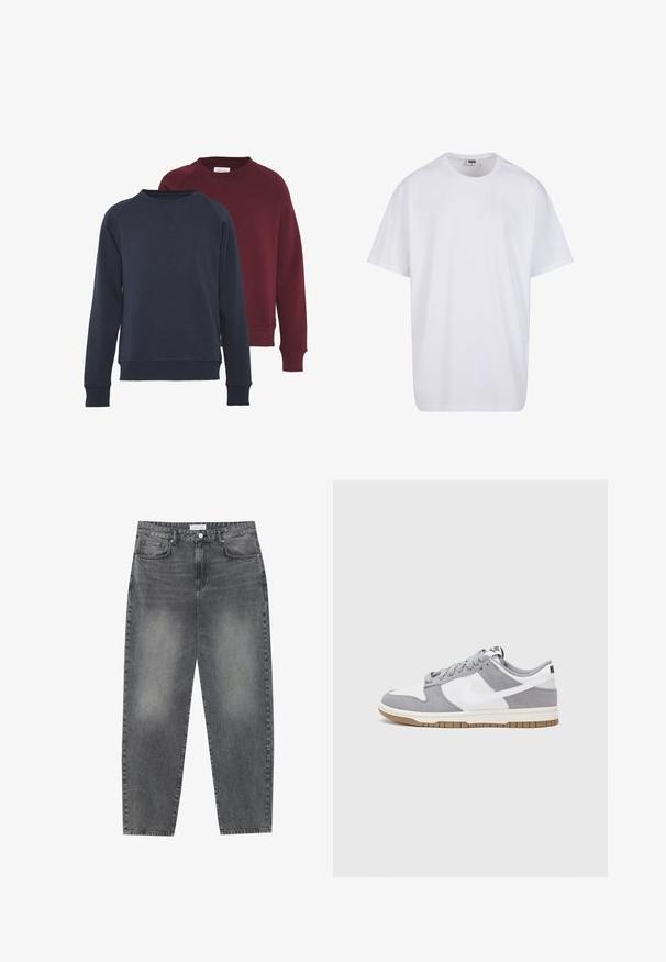 Kaksi crew neck -hupparia, yksi tummansininen ja yksi burgundinpunainen, joissa on ribbikuvioidut hihansuut ja helma, yksiväriset ja pehmeät.; Valkoinen puuvillainen t-paita, jossa on lyhyet hihat, pyöreä kaula-aukko, rento istuvuus ja ei näkyviä logoja tai kuvioita. Sileä pinta ja minimaalinen muotoilu.; Korkeavyötäröiset, väljät farkut haalistuneesta mustasta denimestä. Ominaisuuksiin kuuluu viisi taskua, vyölenkit ja siisti, suora lahjetyyli.; Harmaa ja valkoinen lenkkari, jossa on mokka- ja nahkapinta, pyöreä kärki, litteät nauhat ja kumipohja, jossa on vaahtomuoviväri.