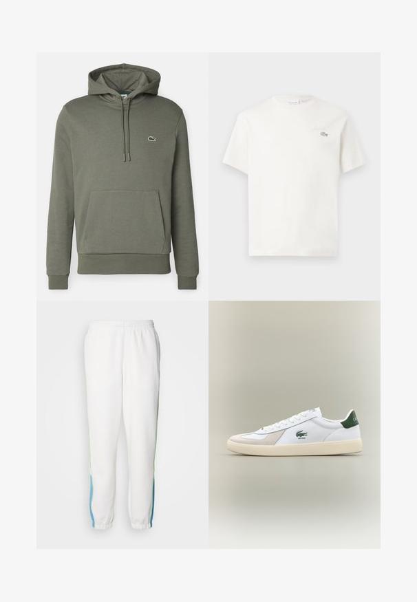 Olivově zelená mikina s kapucí vyrobená z měkké tkaniny, s klokaní kapsou, stahovací šňůrkou a malým vyšitým logem na hrudi.; Bílá bavlněná tričko s krátkými rukávy, s jemně vyšitým logem a minimalistickým designem. Měkká textura, kulatý výstřih.; Bílé teplákové kalhoty s elastickým pasem, se zelenými a modrými bočními pruhy. Měkká látka s tapered (zkoseným) designem na kotnících.; Bílá teniska se zelenými akcenty, z materiálů semiš a kůže, kulatou špičkou, texturovanou podešví a vyšitým logem na boku a jazyku.