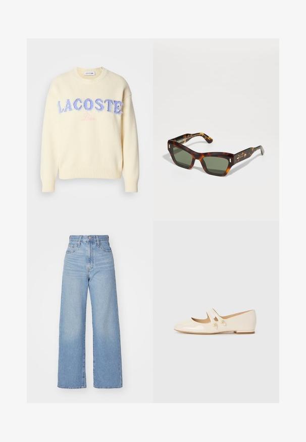 Kreme krēslu ar apaļu kakla izgriezumu, ribotu piedurkņu un apakšmalu. "LACOSTE" pūkainā zilā burtnīcā un "Parīze" maigi rozā centrēta priekšpusē.; Gaiši zili augstās jostas vidukļa platās bikses ar priekšējo pogu un rāvējslēdzēju, priekšējām un aizmugurējām kabatām uz baltā fona.; Ivoza patenta ādas baleta kurpes ar divām dekoratīvām jostām un zelta pogām, ar noapaļotu pirkstu un zemu blokveida papēdi.; Tortīšu sarkstainas saulesbrilles ar taisnstūra zaļām lēcām. Bieza rāmja dizainā ir zelta akcenti uz tempļiem. Gluda tekstūra un stūrains dizains.