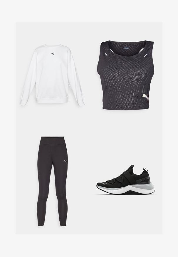 Valge kahekihiline särk pehmest kangast, ümmarguse kaeluse, pikade varrukate ja rindkere kohal asuva väikese musta Puma logoga.; Mustamata käisteta sporttop, millel on tekstuuriga laine muster, väiksed augud kuivenduseks ning kontrastne logo servas.; Mustasinised püksid kõrge vöökohaga, valmistatud venivast kangast. Ülemisel vasakul jalal on väike valge Puma logo. Saledat ujumisdisaini.; Must have tekstuuriga ülemise osaga mustad spordijalatsid, elastsete rihmade ja paksu valge vaheosaga. Omab halli aktsenti talla ääres.