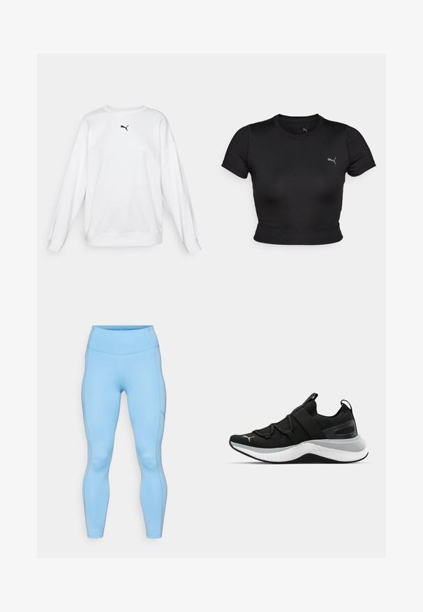 Vit sweatshirt gjord av mjukt tyg, med rund halsringning, långa ärmar och en liten svart Puma-logga på bröstet.; Svart kortärmad crop top i mjukt och stretchigt material, med en diskret logotyp på bröstet och en figurnära design.; Ljusblå leggings av stretchy tyg. Har en hög midja, slät yta och kurviga sömmar längs benen.; Svart sportskor med en texturerad ovandel, elastiska remmar och en tjock vit mellansula. Har en grå accent längs sulan.