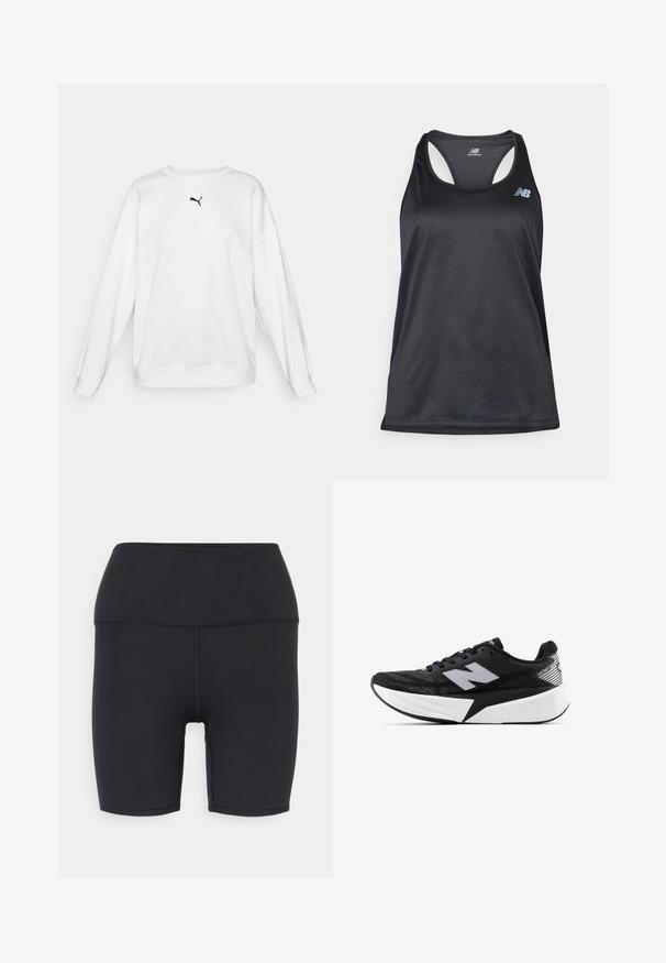 White sweatshirt made of soft fabric, featuring a crew neck, long sleeves, and a small black Puma logo on the chest.; Black athletic tank top made of lightweight fabric, featuring a racerback design, flat seams, and the New Balance logo in gray on the upper left.; Black athletic shorts made of stretchy material, featuring a high waistband, smooth texture, and no visible patterns or hardware.; Black and white New Balance running shoe with thick sole, mesh upper, and "N" logo on the side, viewed from the outer side.