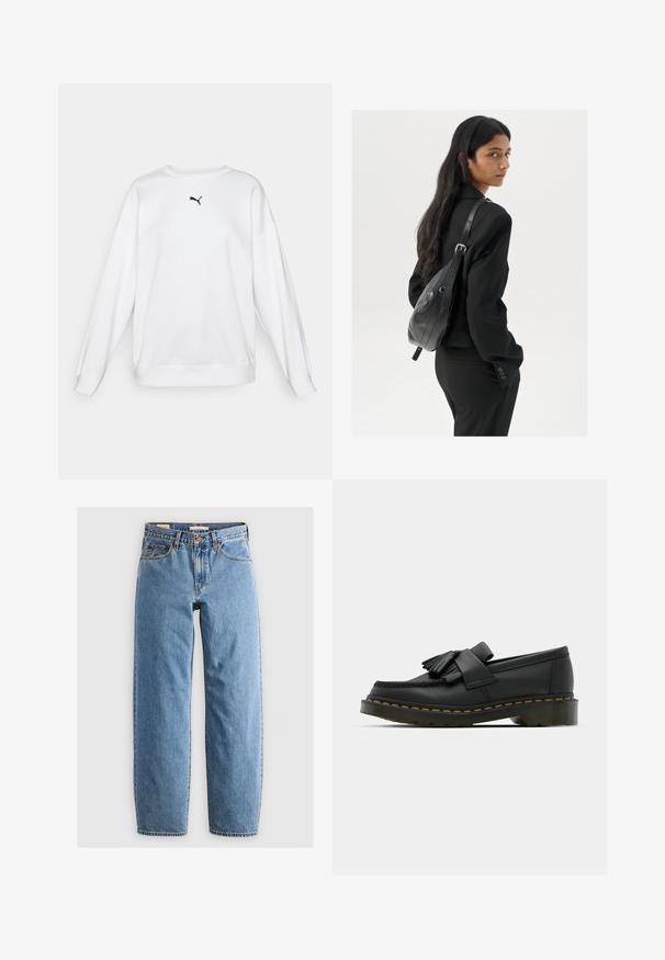 Sweatshirt branco feito de tecido suave, apresentando um pescoço redondo, mangas longas e um pequeno logótipo preto da Puma no peito.; Jeans de ganga azul claro com um design de perna reta, cinco bolsos, fecho com zip e uma textura ligeiramente desbotada. Estilo clássico com hardware mínimo.; Mocassins de couro pretos com bico arredondado, apresentando um detalhe de franja e uma faixa decorativa na parte da frente, assentes em um salto robusto.; Mulher com cabelo longo e escuro, vestindo um fato preto, carregando uma mala de ombro em pele preta, olhando por cima do ombro contra um fundo branco.