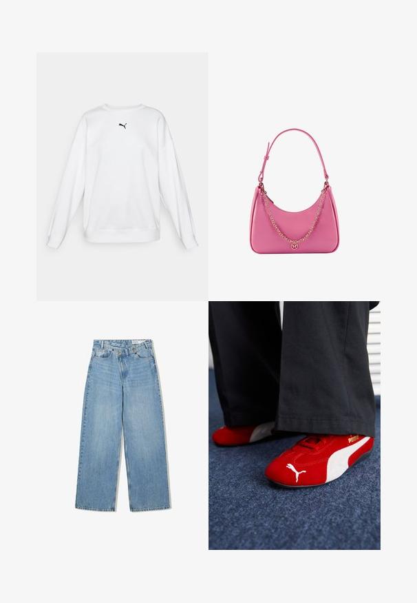 Vit sweatshirt gjord av mjukt tyg, med rund halsringning, långa ärmar och en liten svart Puma-logga på bröstet.; Ljusblå vida jeans i denim, med hög midja, fem fickor, knappstängning och subtil blekning för textur.; Röda mockasko sneakers med vita accenter, med texturerat material, rund tå och en gul logotyp på sidan, bärs med svarta byxor.; Rosa syntetisk axelväska med en böjd form, slät yta, avtagbar kedjesnodd och en cirkulär logotypdetalj på framsidan.; Silverhänge med en slät, polerad yta. Har en unik oval form och en säker låsdesign. Märkt "925" för sterlingsilver.