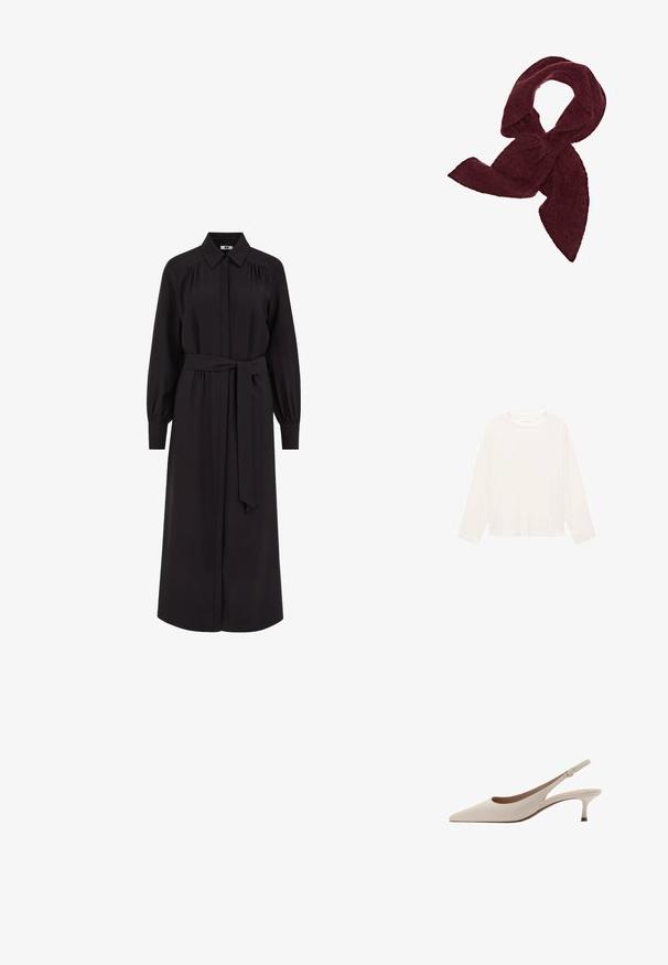 Lange mouwen lichtcrème shirt gemaakt van zachte stof, met een ronde halslijn en een ontspannen pasvorm. Eenvoudig ontwerp zonder zichtbare patronen of accenten.; Lange zwarte jurk met een kraaghalslijn, knopen aan de voorkant, lange pofmouwen en een strikceintuur in de taille. Gemaakt van een gladde stof.; Beige slingback hakken met een puntige neus en een lage, uitlopende hak. Gemaakt van glad leer met een minimalistisch ontwerp en een verstelbare band.; Bordeaux sjaal gemaakt van zachte, gestructureerde stof; heeft een elongated vorm met spitse uiteinden, geschikt voor wikkelen of knopen.; Bruine leren handtas met een textuurafwerking, voorzien van een gouden sluiting en een enkele, gebogen schouderriem.