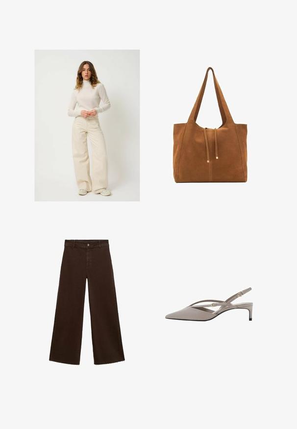 Ljus creamfärgad polotröja kombinerad med högmidjade beigefärgade vida byxor. Tyget verkar mjukt; passformen är avslappnad. Avslappnade skodon fulländar looken.; Tan ribbad topp med kort ärm och rundad halsringning, i en mjuk textur som har en figurnära design som betonar former och konturer.; Bruna breda byxor i bomullsblandning med fransar vid fållen, framknäppning och klassisk femfickdesign. Minimalistiska och mångsidiga.; Beiga slingbackklackar med spetsig tå, tunna korsade remmar och en kort stilettklack. Slät tyg med hardware i guldfärgade accenter.; Brun mockaläders toteväska med två långa remmar, dragsko-stängning och minimalistisk design. Slät textur och inga synliga metallaccenter.
