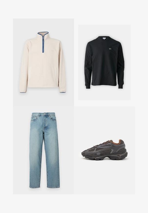 Svetlo bež flis pulover z visokim ovratnikom, pol zadrgo, modrim poudarkom ob izrezu in dvema stranskima žepekoma. Mehka tekstura.; Črna dolgi rokavi majica iz bombaža, z okroglim ovratnikom in majhnim zelenim vezenim logotipom krokodila na levem prsnem delu.; Svetlo modri jeans z ohlapnim krojem, ravnimi hlačnicami, petimi žepi in gumbom za zapiranje pri pasu. Minimalistični detajli šivanja.; Lacoste teniske v temno sivi barvi z mrežasto in sintetično prevleko, s teksturiranim podplatom in rjavimi detajli na ovratniku ter blagovni znamki.