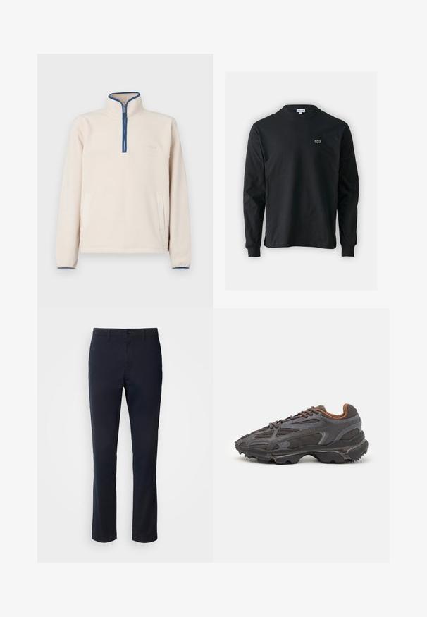 Gai bēšs flīsa krekls ar augstu apkakli, pusslīdošo rāvējslēdzēju, zilu akcentu gar kakla līniju un divām sānu kabatām. Mīksta tekstūra.; Melna garām piedurknēm t-krekls, izgatavots no kokvilnas, ar apaļu kakla izgriezumu un mazu zaļu izšūtu krokodila logo kreisajā krūtī.; Tumši zilie bikses, kas izgatavotas no gluda auduma, ar taisnām kājām, jostu cilpām un pogu aizdari ar rāvējslēdzēju.; Lacoste kedas tumši pelēkā krāsā ar acu audumu un sintētisko materiālu, ar teksturētu zoli un brūniem akcentiem apkaklītē un zīmola uzrakstā.