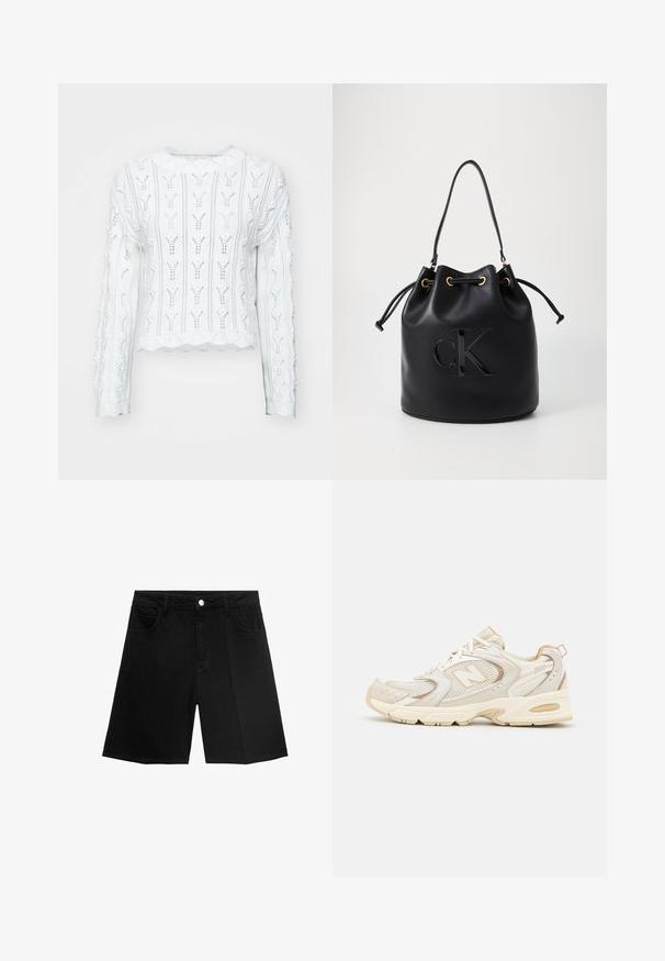 Weißer, gestrickter Pullover mit einem strukturierten, gemusterten Design. Verfügt über lange Ärmel und einen gewellten Saum. Durchbrochene Details verleihen ein leichtes Erscheinungsbild.; Weißes, kurzes T-Shirt aus geripptem Material. Mit Rundhalsausschnitt und kurzen Ärmeln. Schwarzes, gesticktes "cK"-Logo auf der Brust.; Schwarze Denim-Shorts mit geradem Schnitt, fünf Taschen und silbernem Knopfverschluss. Glatte Textur mit minimalen Nähten.; Beige Sportlichchuhe mit Mesh- und synthetischen Überzügen, mit einer strukturierten Oberfläche, gepolstertem Kragen und "ABZORB"-Dämpfung an der Ferse.; Schwarze Leder-Eimer-Tasche mit Kordelzugverschluss, ausgestattet mit einem glänzenden "CK"-Logo auf der Vorderseite und goldfarbenen Hardware-Akzenten.