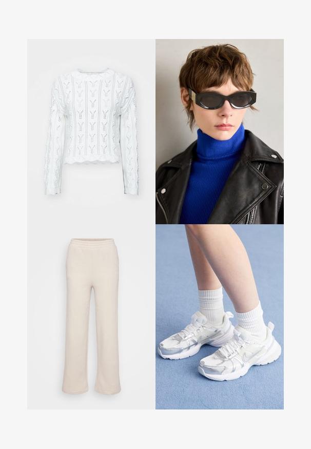 Bela, pletena pulover s teksturiranim, vzorčastim dizajnom. Ima dolge rokave in rob z valovitimi robovi. Detajli z odprtinami ustvarjajo lahek videz.; Bež trenirke s širokim nogavicami, izdelane iz mehke tkanine. Imajo elastičen pas in stranske šive. Gladka tekstura.; Bela športna obutev s čipkastimi in sintetičnimi prekrivalnimi materiali, z značilnim srebrnim Nike znakom, v paru z rebrastimi belimi nogavicami na modri površini.; Črne sončna očala z zaobljenimi robovi in tinted lečami. Imajo zlato okrasno opremo na templjih. Noseno z modrim rebrastim puloverjem in usnjeno jakno.