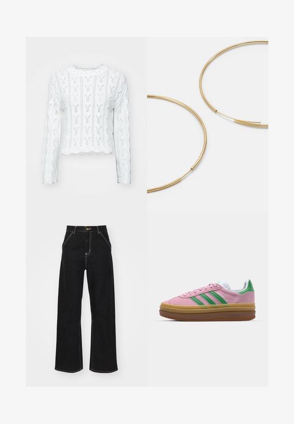 White, knitted sweater with a textured, patterned design. Features long sleeves and a scalloped hem. Openwork details create a light appearance.; Black wide-leg jeans made of denim, featuring contrasting white stitching and a front button closure, with two angled front pockets.; Pink suede sneakers with green stripes, white accents, and a brown rubber sole. Features textured fabric and logo detailing on the side.; Gold-colored hoop earrings, thin and round in shape, with a smooth metallic finish and no embellishments or patterns.