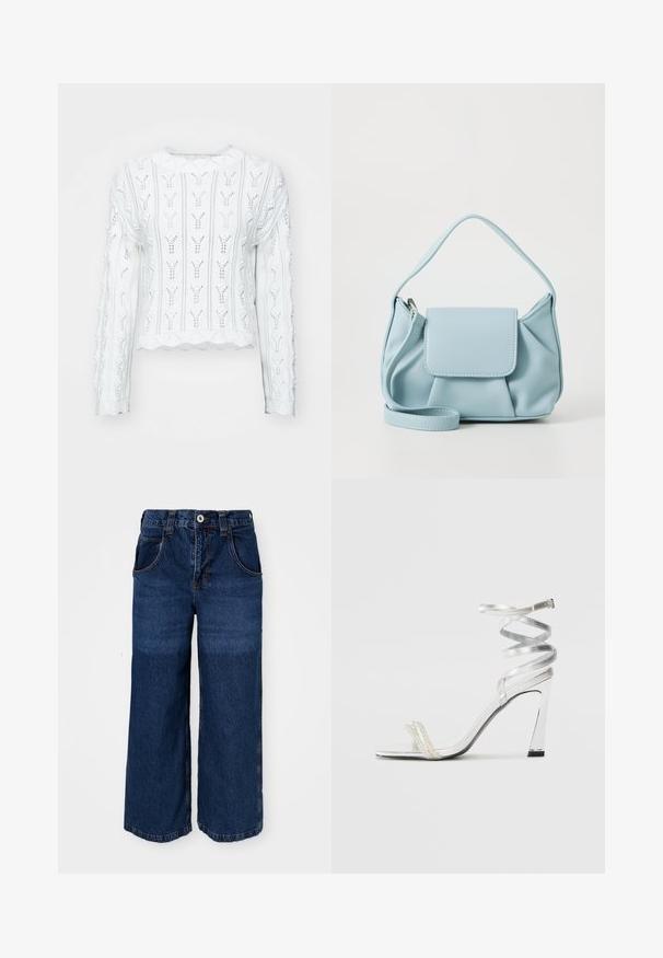Fehér, kötött pulóver, textúrált, mintás dizájnnal. Hosszú ujjaival és fodros aljával rendelkezik. A nyitott munkázás miatt könnyed megjelenést kölcsönöz.; Sötétkék, széles szárú farmernadrág. Öt zsebből, gombos záródásból és látható varrásból áll, enyhén kopott textúrával.; Ezüst színű, magas sarkú szandál, csillogó pánt dizájnnal, gyöngyszerű díszítéssel és spirális bokapánttal a biztos illeszkedés érdekében.; Világoskék bőrtáska, felső fogantyúval, elülső fedélzsebkémmel és levehető csuklószíjjal, fehér háttér előtt.
