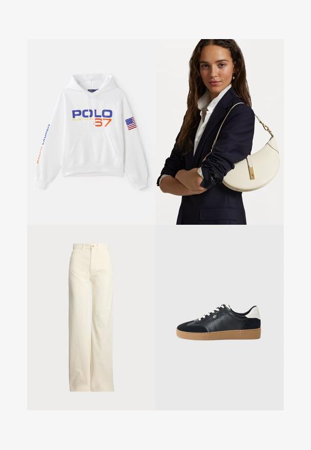 Valge kapuutsiga dressipluus, millel on sinisest ja oranžist "POLO 67", sinisega "RALPH LAUREN" varrukal ja Ameerika lipu plaaster.; Polo Ralph Lauren COTTON CORDUROY WIDE-LEG PANT - Püksid - warm white; Must musta ja sametist tennisjalanõud helepruunist kummist tallaga. Omab valgeid paelu ja väikseid pooride aukusid külgedel. Michael Korsi logo on olemas.; Valge nahast käekott kumerate kujunditega, kuldsete detailide ja tekstuuriga viimistlusega, kanda tumesinise bleiseri ja valge särgiga.