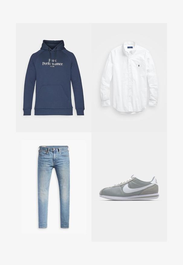 Tamno plava dukserica s prednjim kenguruzim džepom, kapuljačom s uzicom i bijelim "Peak Performance" natpisom. Izrađena je od mekog materijala s rebrastim manžetama.; Bijela košulja dugih rukava s gumbima izrađena od pamuka. Ima klasični ovratnik, gumbaste manžete i mali brodasti logo u tamnoplavoj boji na prsima.; Svijetloplave uske traperice s laganim izblijedjenjem na bedrima, prednje kopčanje na dugme, petlje za remen i pet džepova na bijeloj pozadini.; Sive sportske tenisice s gornjim dijelom od antilopa i tekstila, bijelim Nike swooshom i bijelim vezicama. Imaju teksturirani gumeni đon i podstavljeni ovratnik.