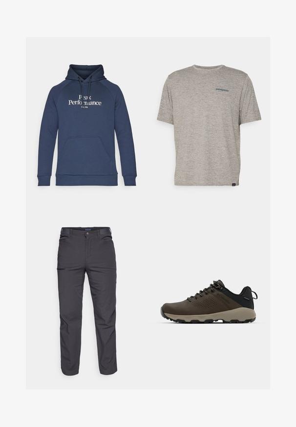 Navy blue hoodie with a front kangaroo pocket, drawstring hood, and white "Peak Performance" text. Made of soft fabric with ribbed cuffs.; Gray short-sleeve t-shirt made of soft, textured fabric featuring a small blue Patagonia logo on the left chest. No additional patterns.; Dark gray trousers made of durable fabric, featuring a zippered pocket, straight cut, and belt loops for adjustable fit.; Brown waterproof sneakers with a textured upper, perforated accents, black heel support, and a grey rubber sole. Laces are styled with metallic ends.