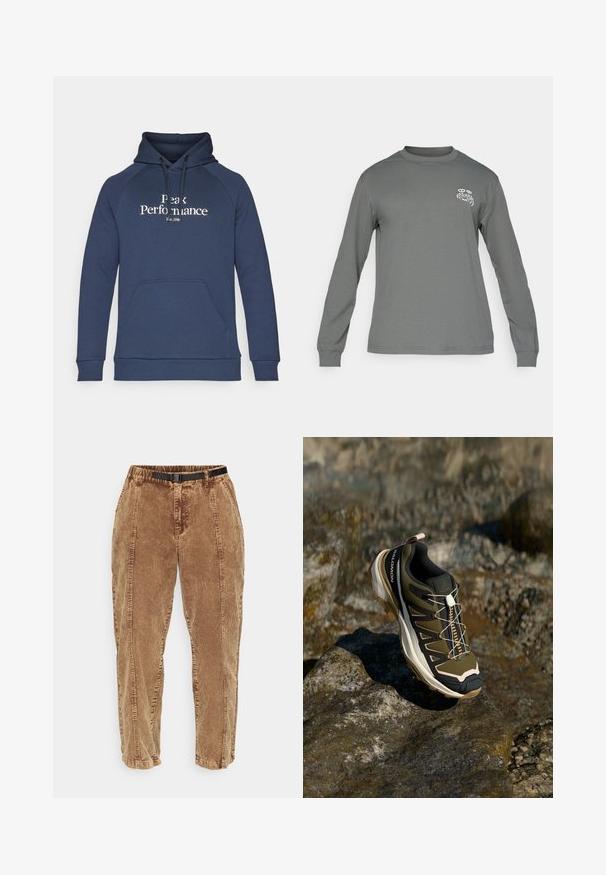 Navy blue hoodie with a front kangaroo pocket, drawstring hood, and white "Peak Performance" text. Made of soft fabric with ribbed cuffs.; Long-sleeve shirt in gray fabric, featuring a crew neck and a white graphic logo on the left chest. Smooth texture and simple design.; Brown corduroy pants with a textured surface, featuring a black adjustable belt, side pockets, and a relaxed fit. Pants taper toward the ankles.; Hiking shoe in olive green and black with pink accents. Features a textured upper, flexible sole, reinforced toe cap, and colorful lacing system.