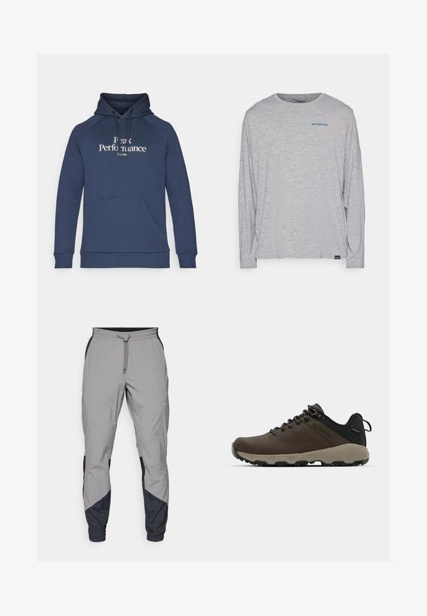 Mornarsko modra kapuca z žepom za roke na sprednji strani, kapuco s vrvico in belim napisom "Peak Performance". Narejena iz mehkega blaga z rebrastimi manšetami.; Svetlo siva majica dugih rukava od mekog, teksturiranog materijala. Ima okrugli izrez i mali plavi Patagonia logo na grudima.; Lahki, sivi atletski hlače z črnimi dodatki. Elastika v pasu, zategovalna vrvica, oblikovana noga in stranske žepe.; Rjave vodoodporne superge z teksturiranim zgornjim delom, perforiranimi detajli, črno podporo za peto in sivo gumijasto podlogo. Šnure imajo metalne konice.