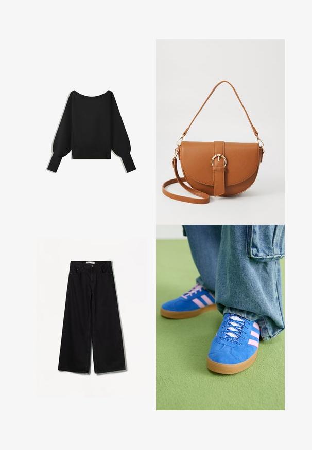 Pulover negru tricotat cu decolteu larg, off-shoulder, mâneci lungi tip balon și margine rib knit. Textură netedă, croială scurtă, fără tipare.; Bershka WIDE-LEG - Wide leg - black; Pantofi din piele întoarsă albaștri cu dungi roz și șireturi albe, având o talpă din cauciuc gumat, asortați cu pantaloni din denim largi pe o suprafață verde.; Geantă din piele maro, tip crossbody, cu o formă curbată, accesorii aurii și un accent cu cataramă. Dispune de un curea de umăr detașabilă.
