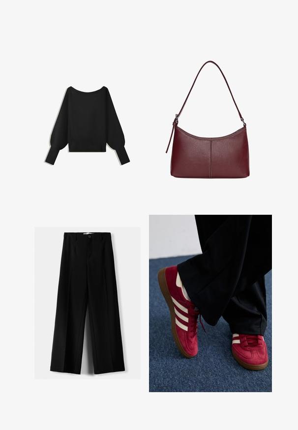 Schwarzer Strickpullover mit weitem, schulterfreiem Ausschnitt, langen Ballonärmeln und geripptem Saum. Glatte Textur, kurze Passform, keine Muster.; Schwarze weite Hosen aus leichtem Stoff, mit einem Knopfverschluss vorne und flachem Bund, mit sorgfältig genähten Säumen.; Rote Wildledersneaker mit weißen Streifen, Schnürdesign und strukturiertem braunem Gummisohle. Getragen mit schwarzen Hosen, vor einem blauen Teppich.; Bordeauxfarbene Ledertasche mit geschwungener Form, einem einzigen Schulterriemen und gesteppten Details in der Mitte. Glatte Textur, minimales Zubehör.