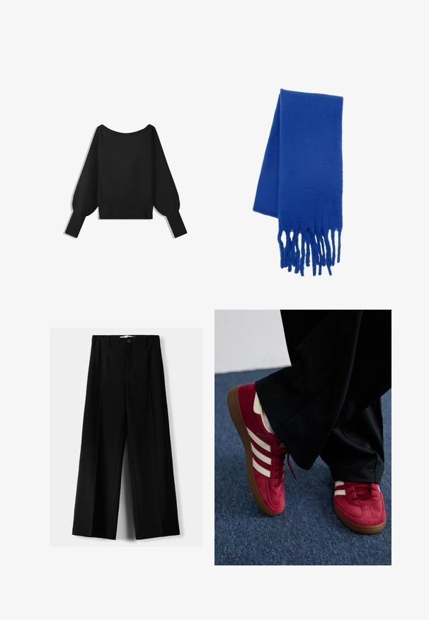 Fekete kötött pulóver széles, vállra lelógó nyakkivágással, hosszú, ballonujjakkal és bordázott aljjal. Sima textúra, rövidített fazon, minták nélkül.; Fekete, bő szárú nadrág, könnyű anyagból, elöl gombos záródással és sima elfröccsenésű fazonnal, szépen varrott szegélyekkel.; Piros velúr sneaker fehér csíkokkal, fűzős kialakítással és textúrázott barna gumitalppal. Fekete nadrággal viselve, kék szőnyegre állítva.; Kék gyapjú sál, puha textúrával, bojtokkal ellátott végekkel. A dizájn klasszikus és téglalap alakú, kiemelve élénk színét.