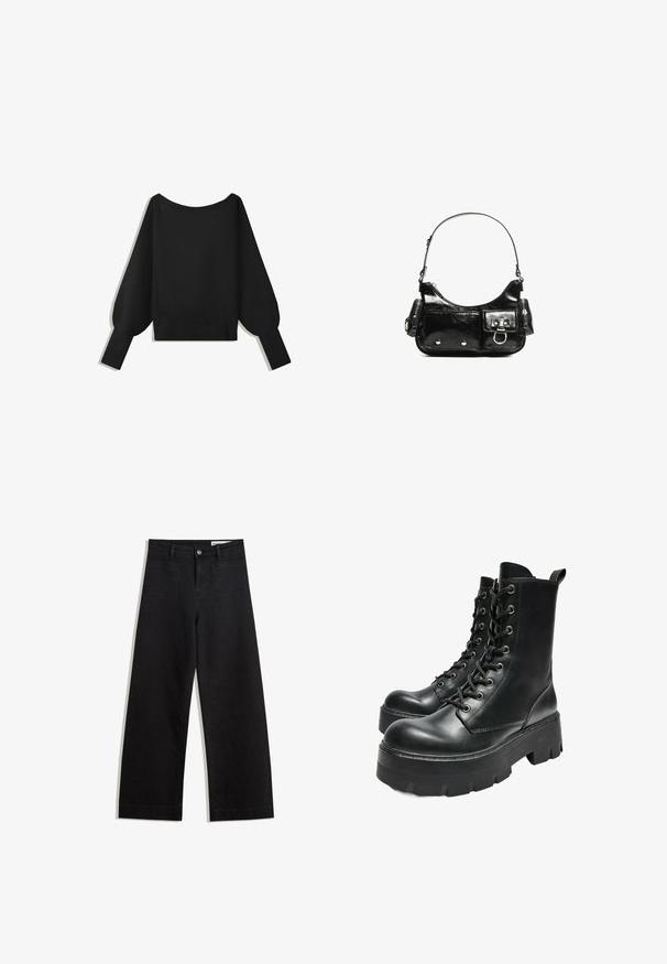 Pulover negru tricotat cu decolteu larg, off-shoulder, mâneci lungi tip balon și margine rib knit. Textură netedă, croială scurtă, fără tipare.; Pantaloni din denim negri cu picioare largi, cu talie înaltă, având buzunare frontale și posterioare, cusături dublate și închidere cu nasture. Textură netedă.; Bershka TRACK - Botine cu platformă - black; Geantă de mână din piele lăcuită neagră, cu o formă curbată, un umăr, buzunare frontale și accente din metal argintiu.