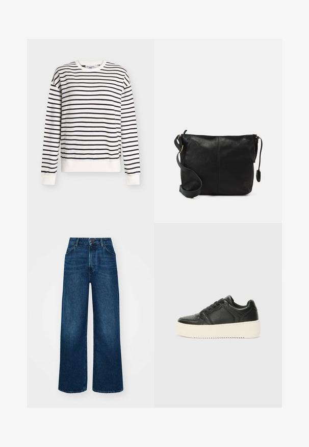 Biała bluza z granatowymi paskami, długimi rękawami, okrągłym dekoltem oraz ściągaczami przy mankietach i dole. Miękki materiał, luźny krój, minimalistyczny design.; Jeans o wysokim stanie i szerokich nogawkach w ciemnoniebieskim deninie o gładkiej fakturze, z kontrastowymi szwami i pięcioma kieszeniami. Zapięcie na guzik z przodu.; Czarne skórzane sneakersy o gładkiej fakturze, z grubą kremową podeszwą, okrągłym noskiem i klasycznym sznurowanym zapięciem. Subtelne detale przeszycia.; Czarna skórzana torba na ramię o płaskim kształcie, z złotymi akcentami i regulowanym paskiem. Gładka tekstura z minimalnymi detalami przeszycia.