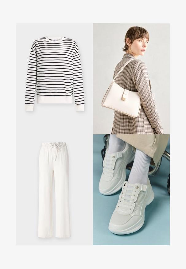 Fehér pulóver tengerészkék csíkokkal, hosszú ujjú, kerek nyakú, bordázott mandzsettával és szegéllyel. Puha anyagból, laza szabású, minimalista dizájn.; Fehér, bőszárú nadrág, puha anyagból készült, húzózsinóros derékkal és sima felülettel. Nincsenek rajta minták vagy díszítések.; Fehér sportcipők, amelyek hálós anyagból készültek, gumitalpúak, fűző nélküli kialakítással, rugalmas pántokkal és arany színű kiegészítőkkel rendelkeznek.; Fehér bőr táska strukturált dizájnnal, mágneses záródással és vállpánttal, semleges háttér előtt bemutatva.