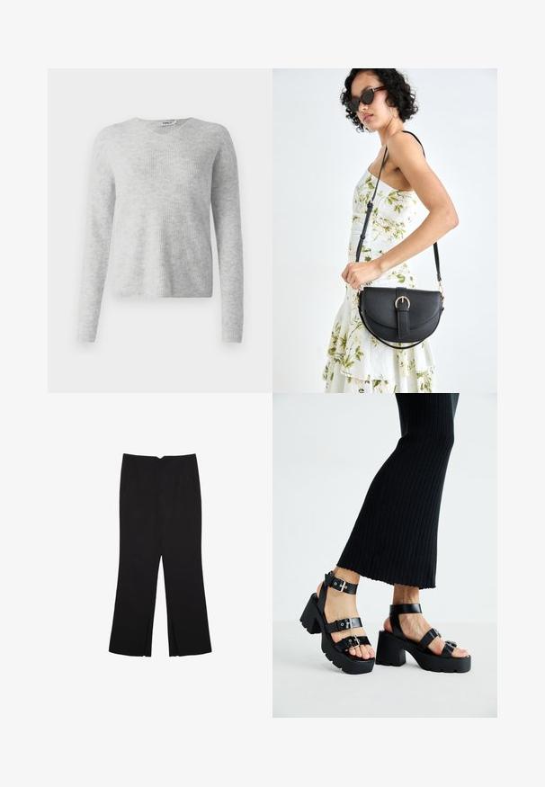 Siva pletena pulover s rebrasto teksturo, dolgimi rokavi in obliko V-izreza. Preprost in minimalističen videz.; Črne hlače ravnega kroja z naglavnimi žepi in stranskimi razporki na robu. Narejene iz mehke, gladke tkanine. Primerne za različne priložnosti.; Črne platforme s sandali in debelimi, zarezami ter več naramnicami, ki vključujejo kovinske zaponke in gladko teksturo, podobno usnju.; Črna usnjena torbica s ukrivljeno obliko, z odstranljivo naramnico in zlatimi dodatki. Torbica ima pokrov s podrobnostmi v obliki zaponke.
